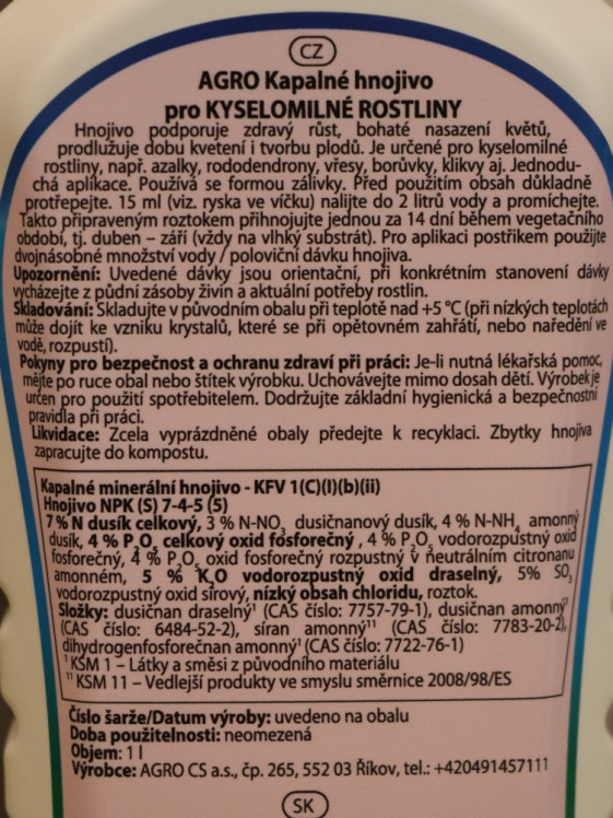 detail AGRO Kap. hn. pro kysel. rostliny 1L